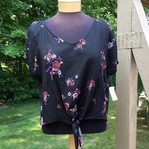 Mudd Women’s Medium Black Floral Cold Shoulder Tie Front Blouse NWT
